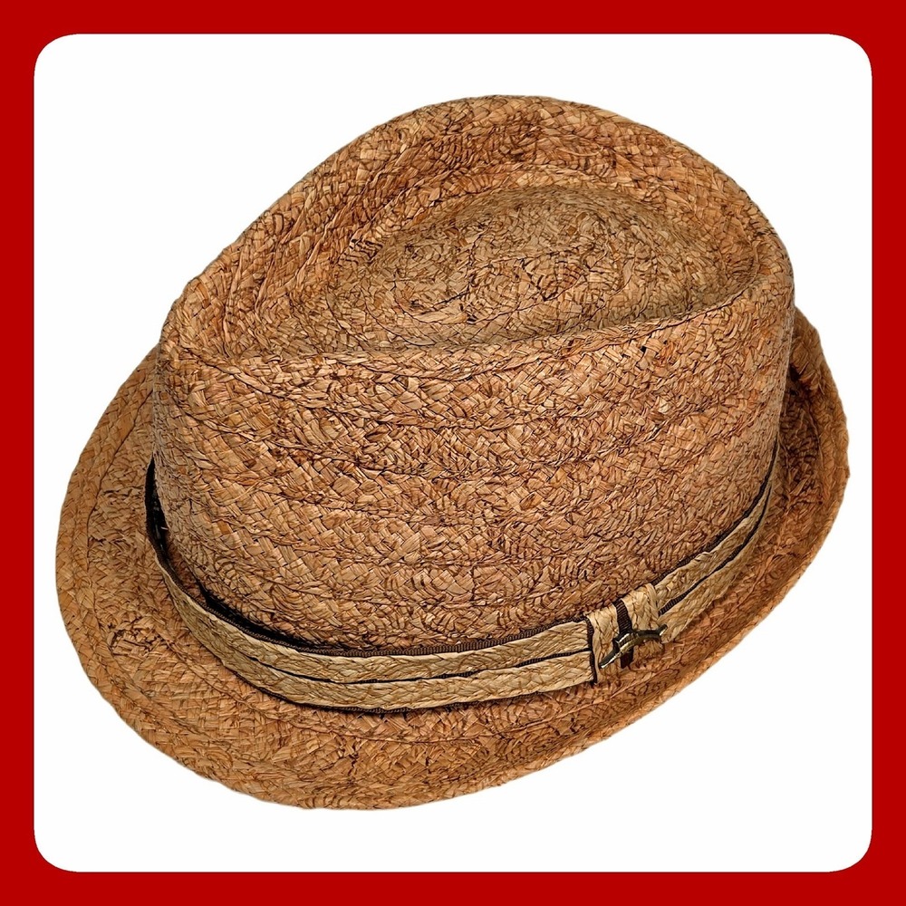 Tommy Bahama Shade Maker Raffia Straw Fedora Hat Brown Marlin Pin Size L/XL